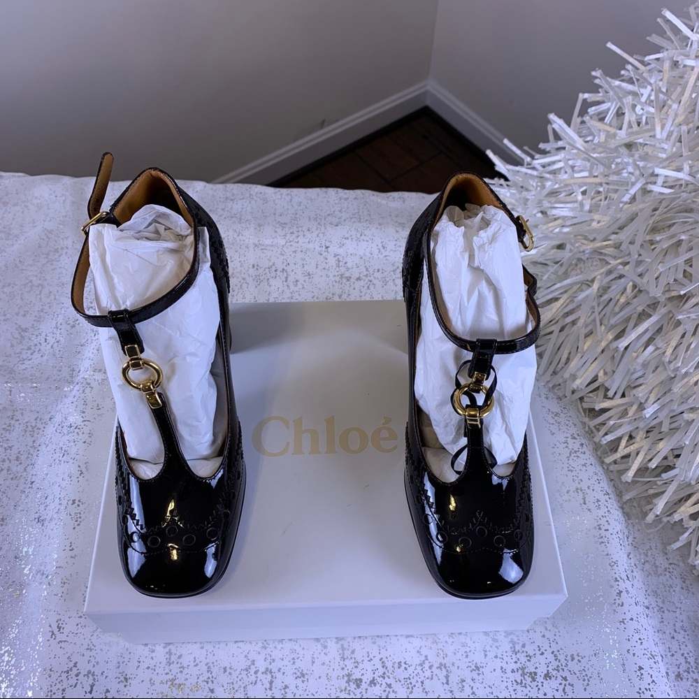 CHLOÉ Perry Embellished Patent-Leather T-bar Pumps